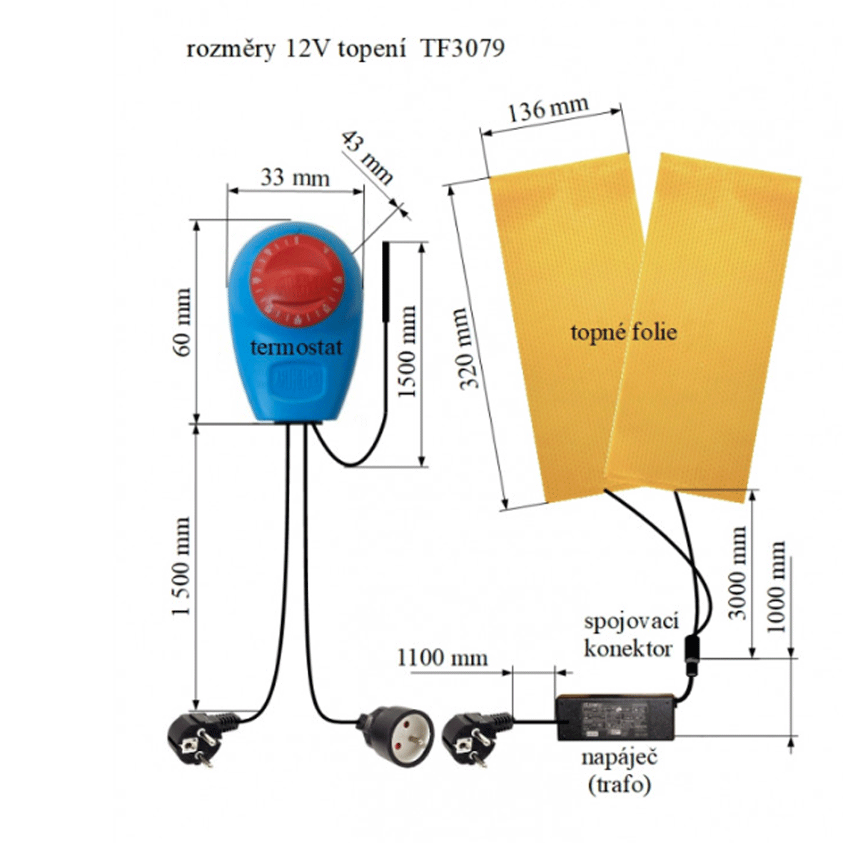 12V/ 72W topné těleso s termostatem, IP68 TF3079