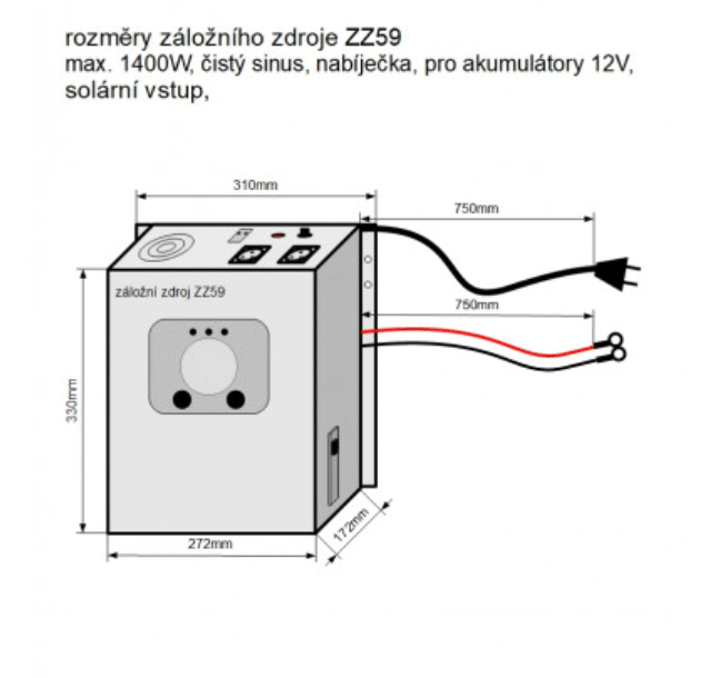 ZZ59 - 1400W/ 230V záložní zdroj sinusový + SOLAR, pro aku 24V, (na plochu/ na zeď)