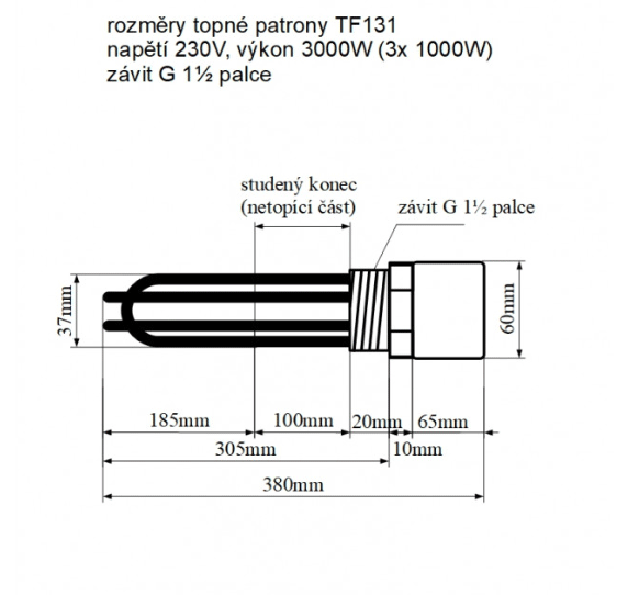 TF131 230V/3000W topná patrona  G6/4 palce,studený konec délka 305 mm