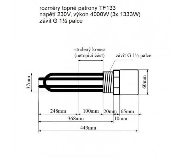 TF133 230V/4000W topná patrona,G6/4 palce,studený konec,délka 368 mm