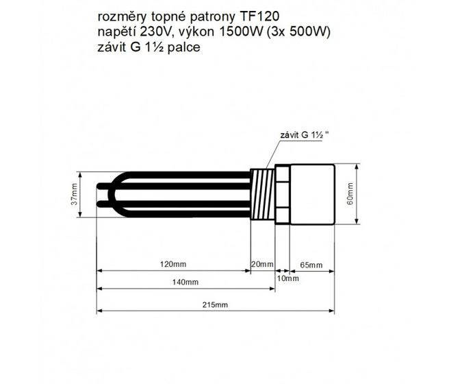 TF120 230V/1500W topná patrona G6/4 palce délka 140 mm