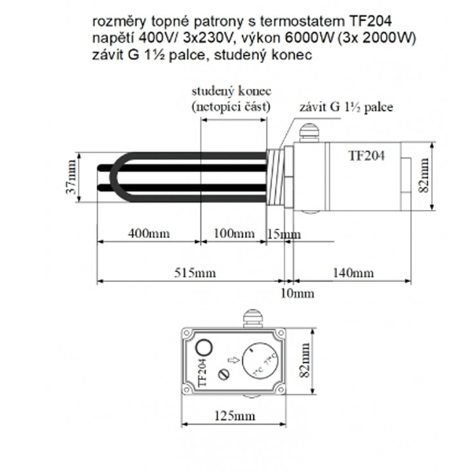 TF204 400V/6000W topná patrona s termostatem G6/4 studený knec délka 515 mm