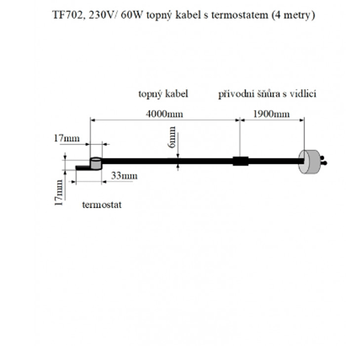 TF702 230V/60W topný kabel s termostatem 4m