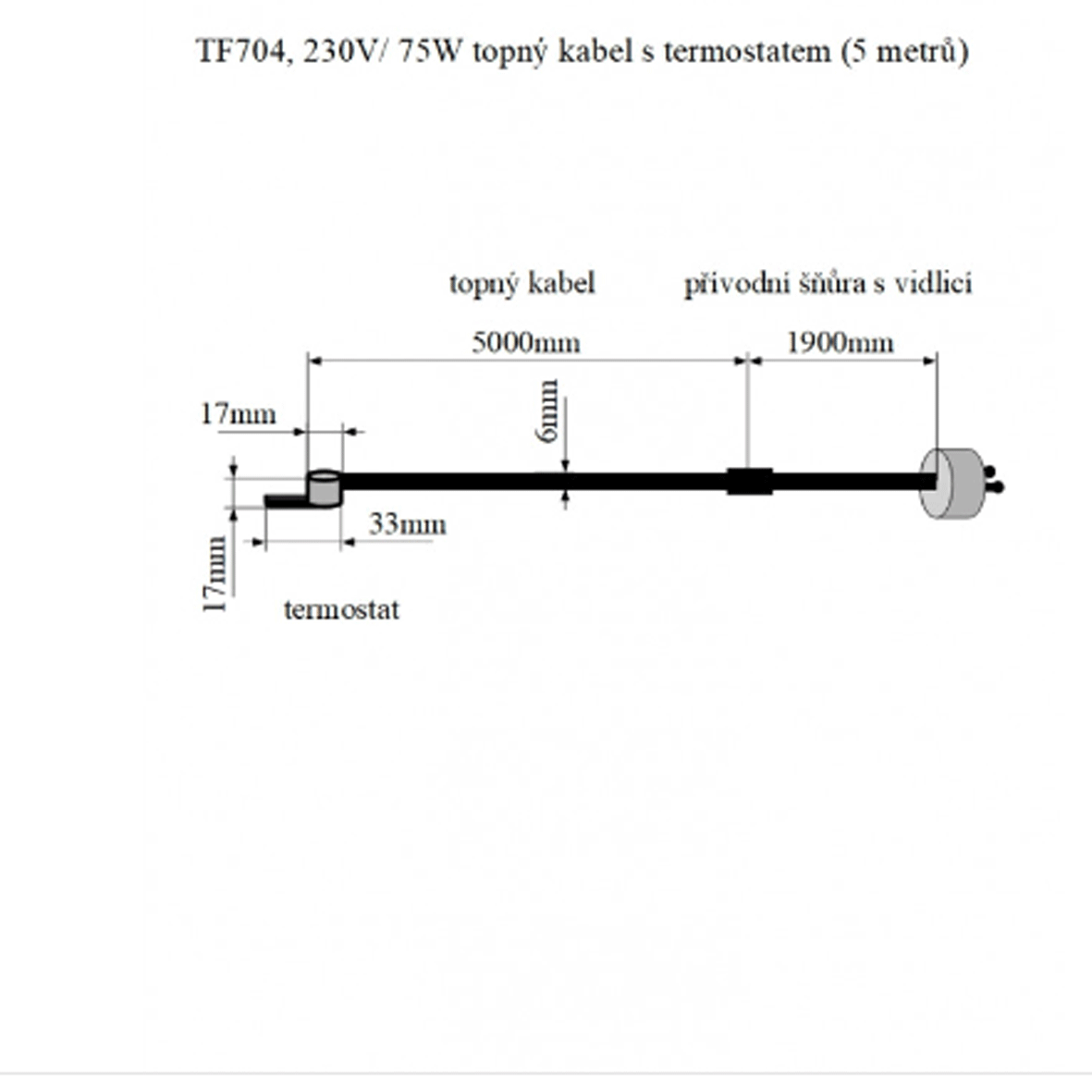 TF704 230V/75W topný kabel s termostatem 5 m