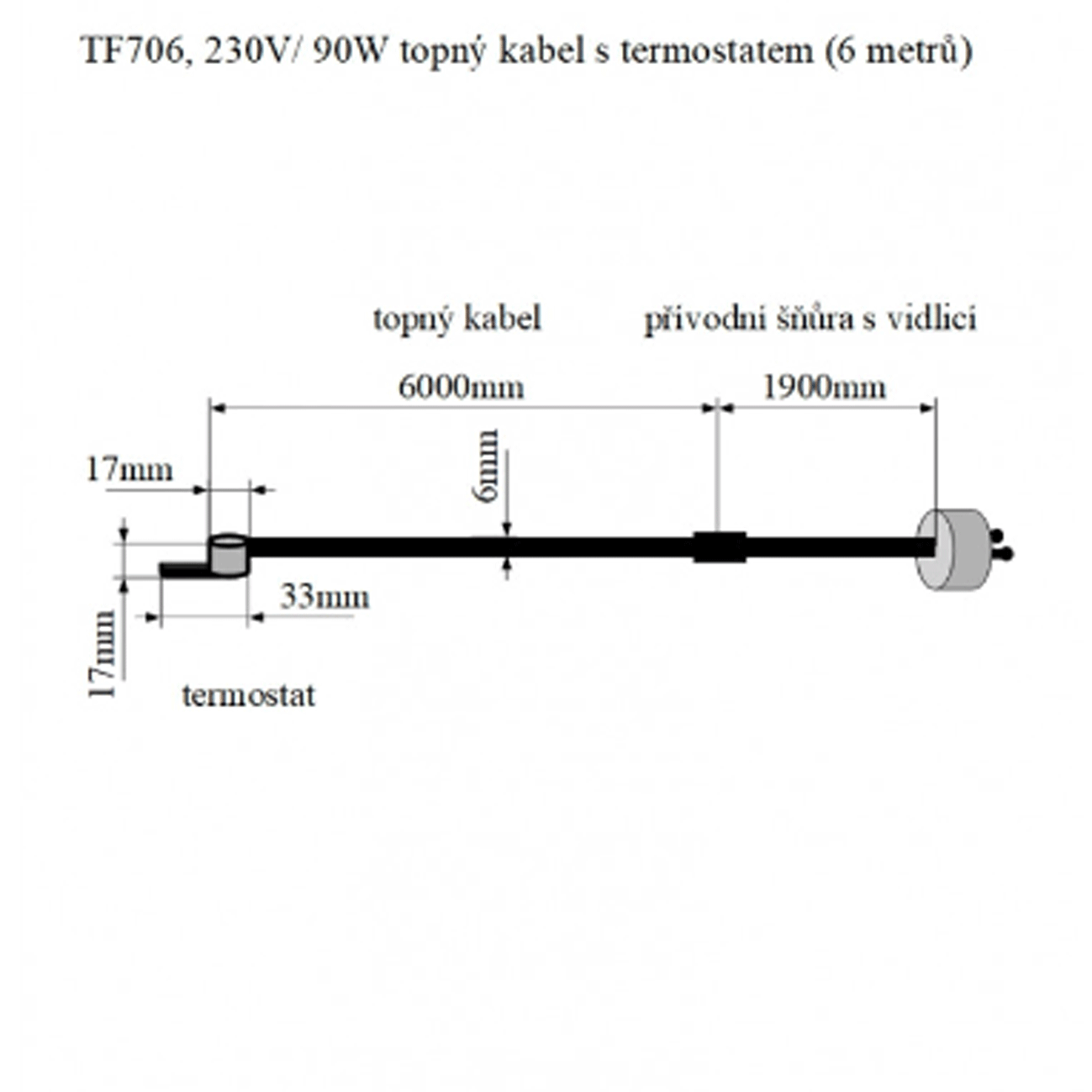 TF706 230V/90W topný kabel s termostatem 6m