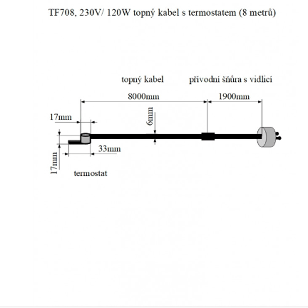 TF708 230W/120W topný kabel s termostatem 8 m