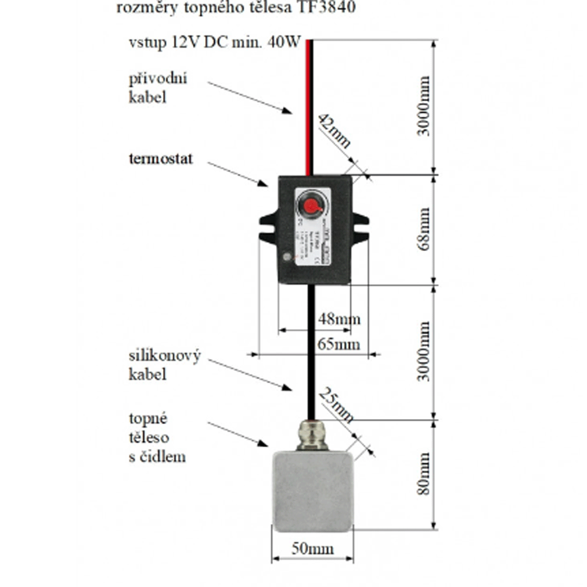 TF3840 12V/40W topné těleso s termostatem IP68