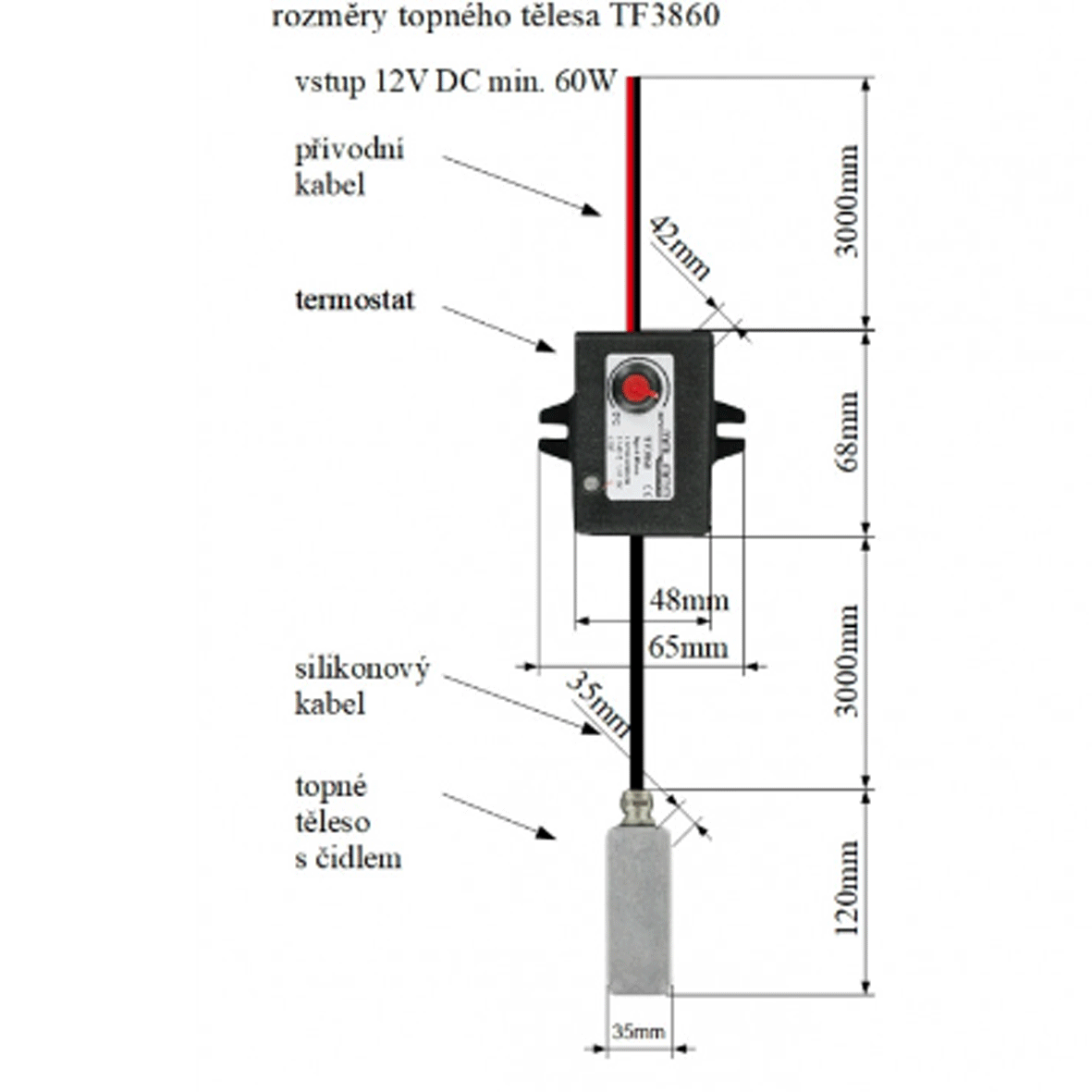 TF3860 12V/60W topné těleso s termostatem IP68