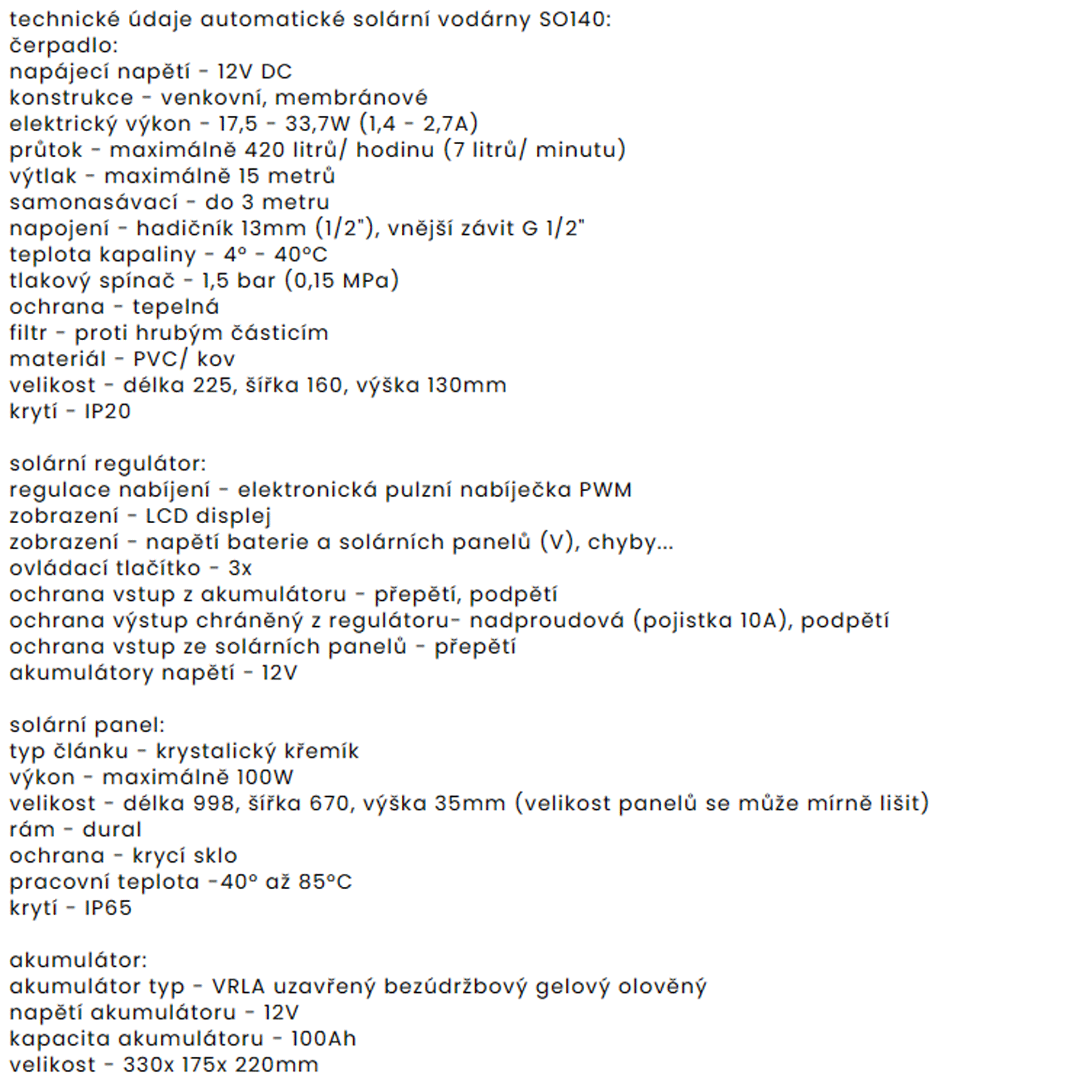 Solární automatická vodárna 7l/min. výtlak do 15m