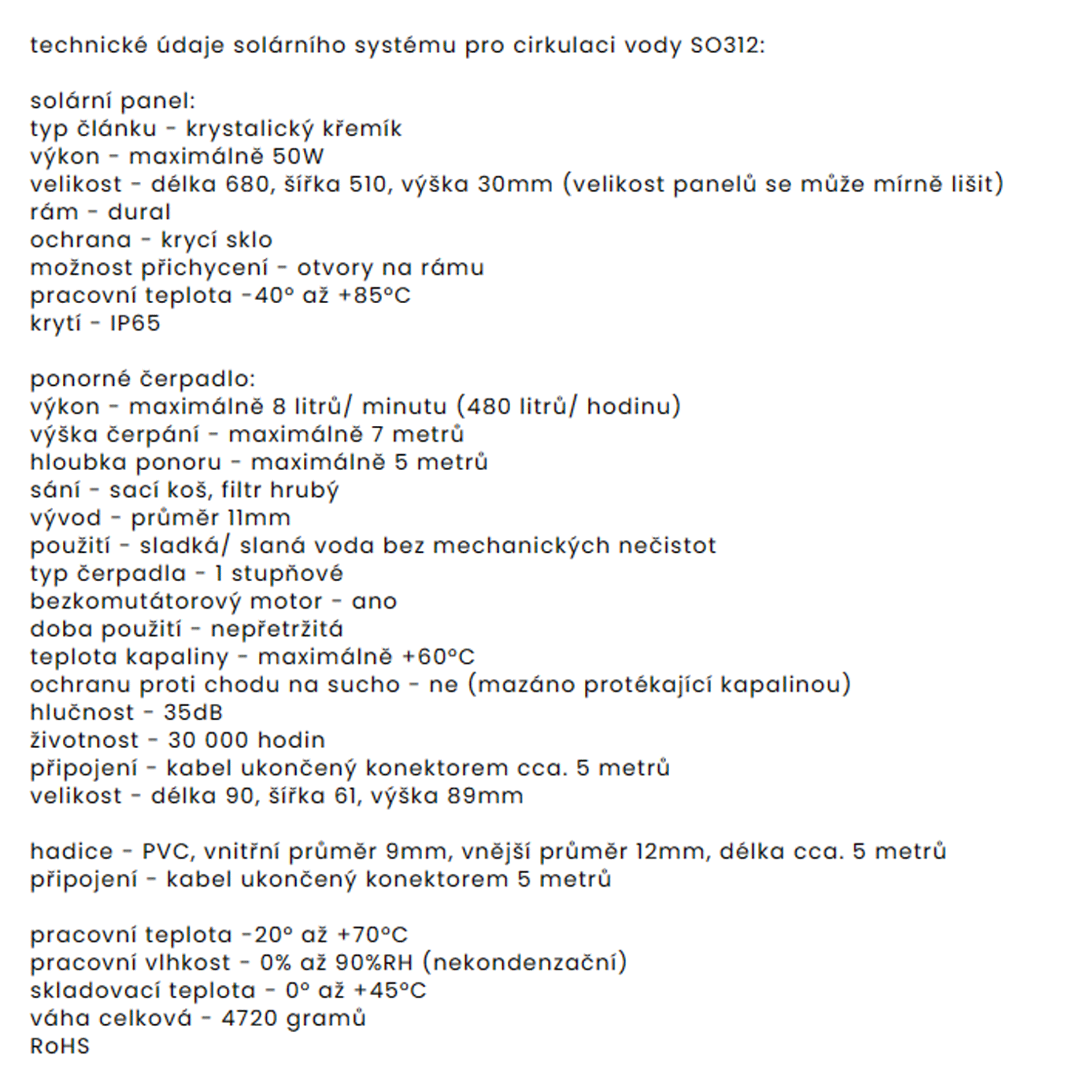 50W solární systém s čerpadlem 8l/min.výtlak 7 m