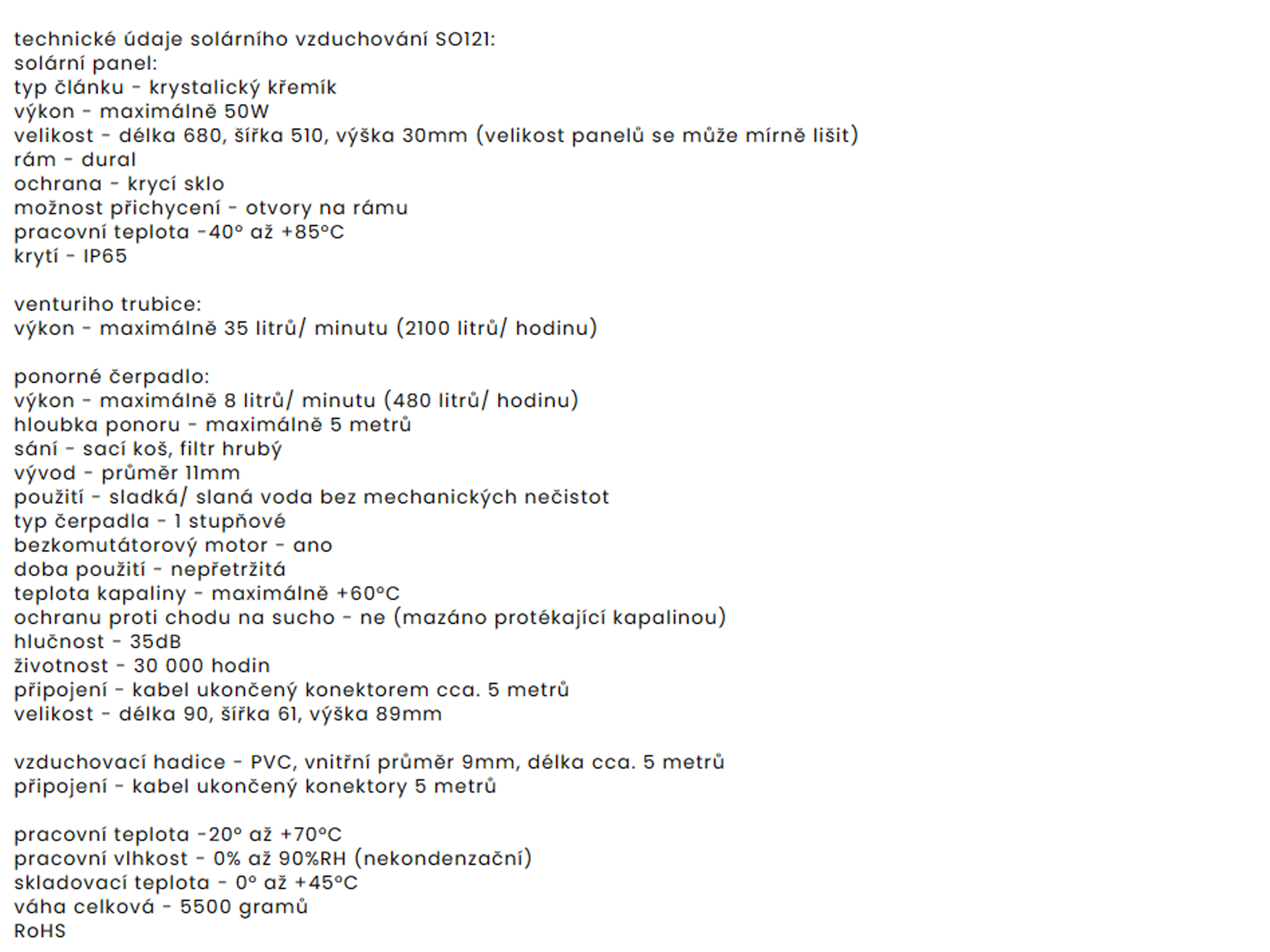 50W solární systém pro vzduchování 35l/min. venturiho trubice
