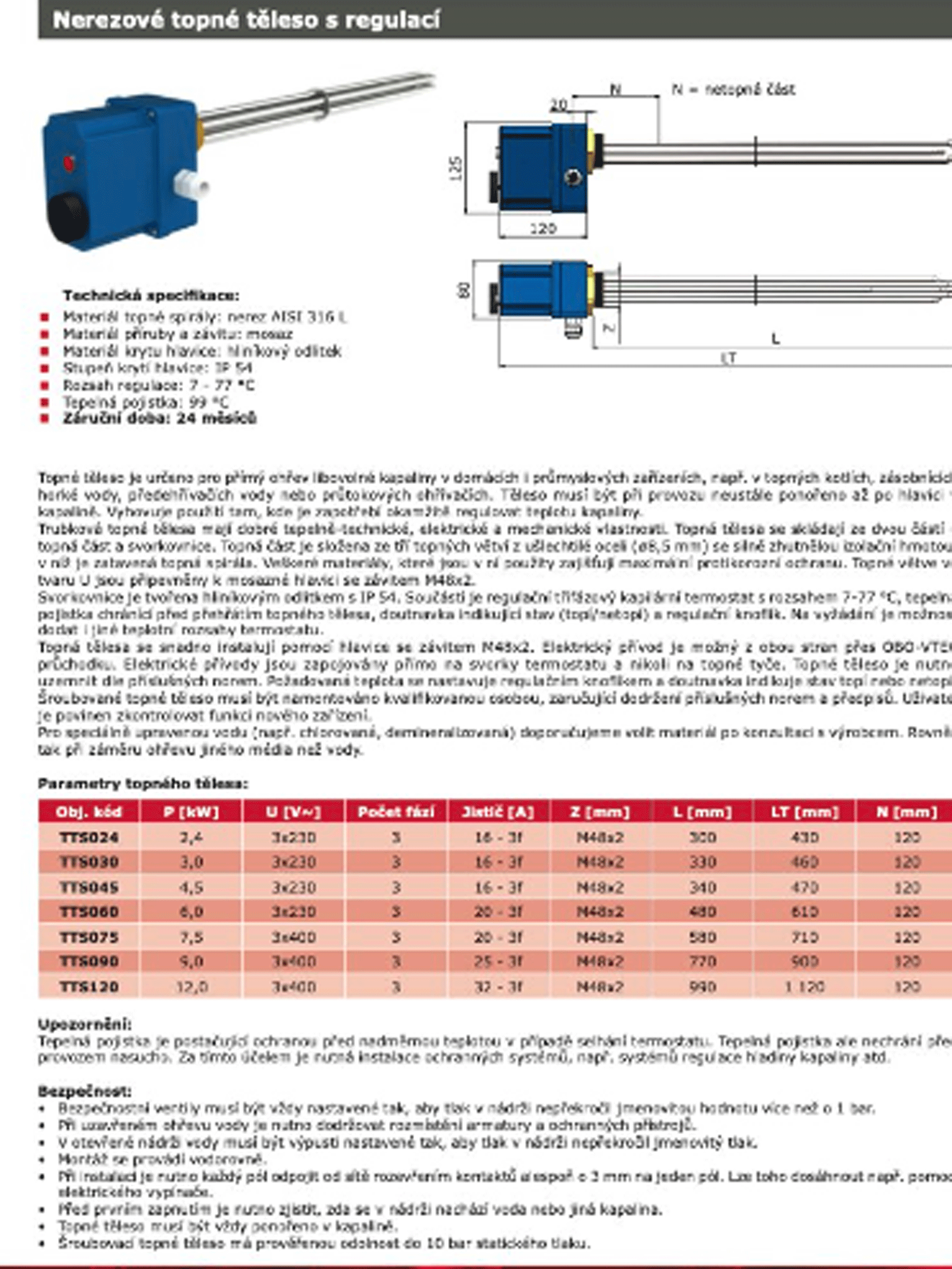 3 kW, L=330 mm Topné těleso nerezové, s regulací