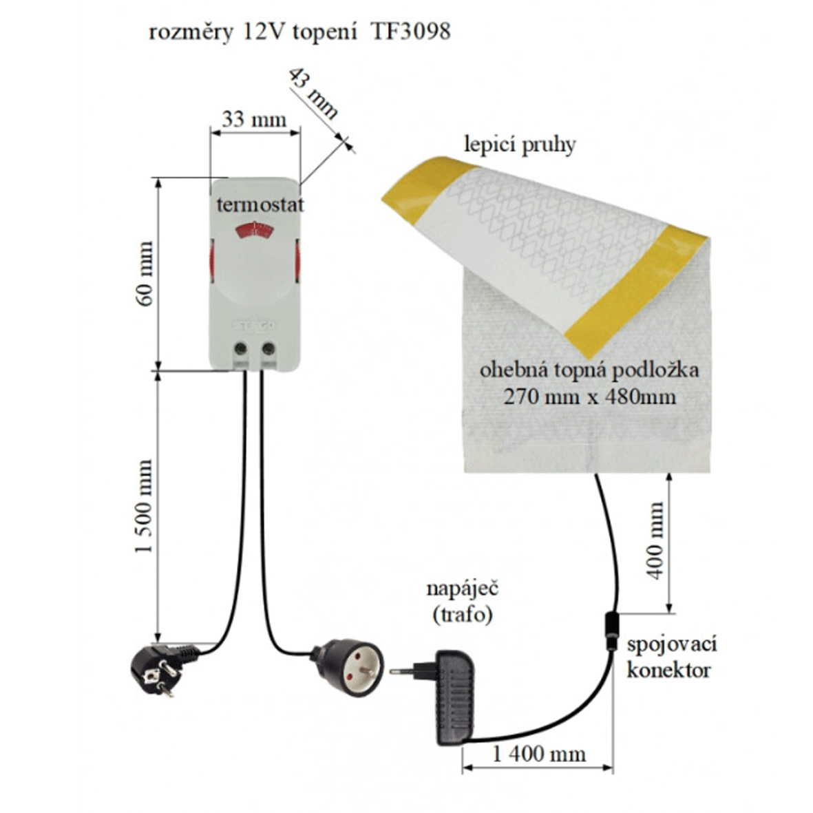 TF3098 - 12V/ 25W topení s termostatem do kurníku, psí boudy