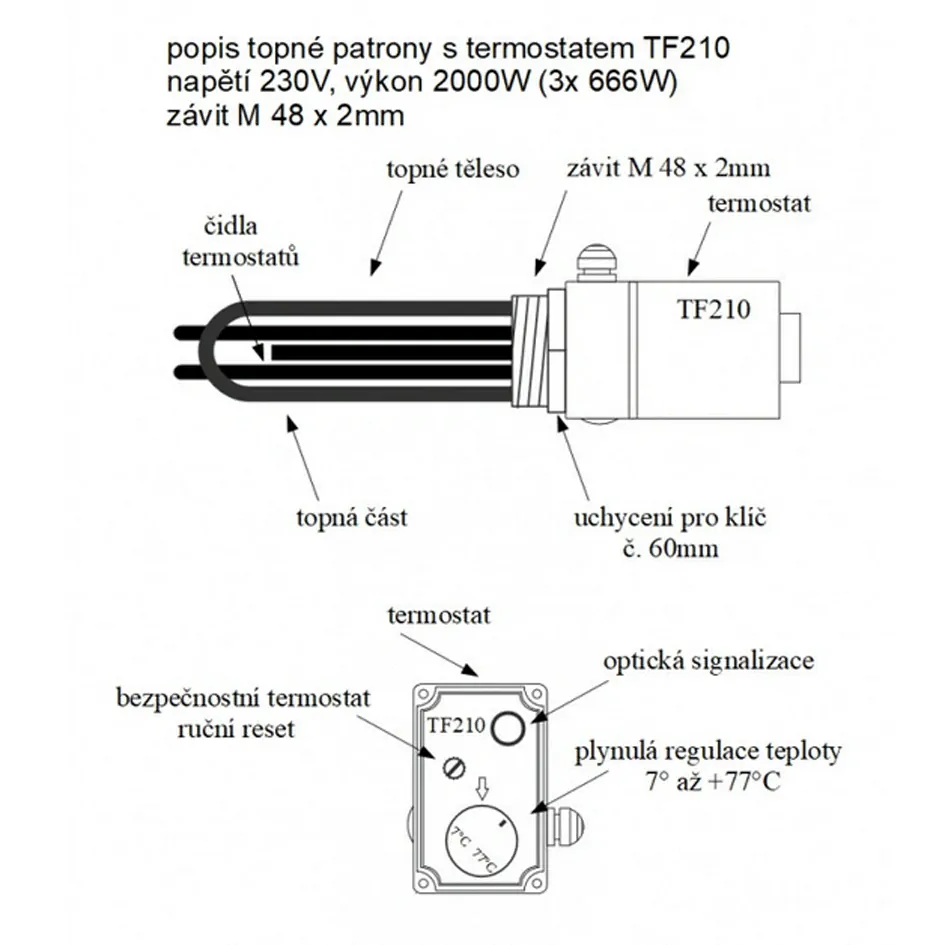 TF210 - 230V/ 2000W topná patrona s termostatem, M48 x 2mm, délka 295mm