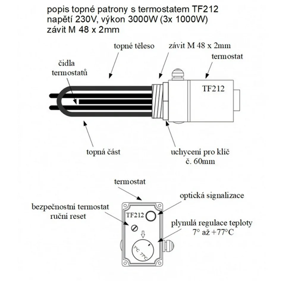 TF212 - 230V/ 3000W topná patrona s termostatem, M48 x 2mm, délka 295mm