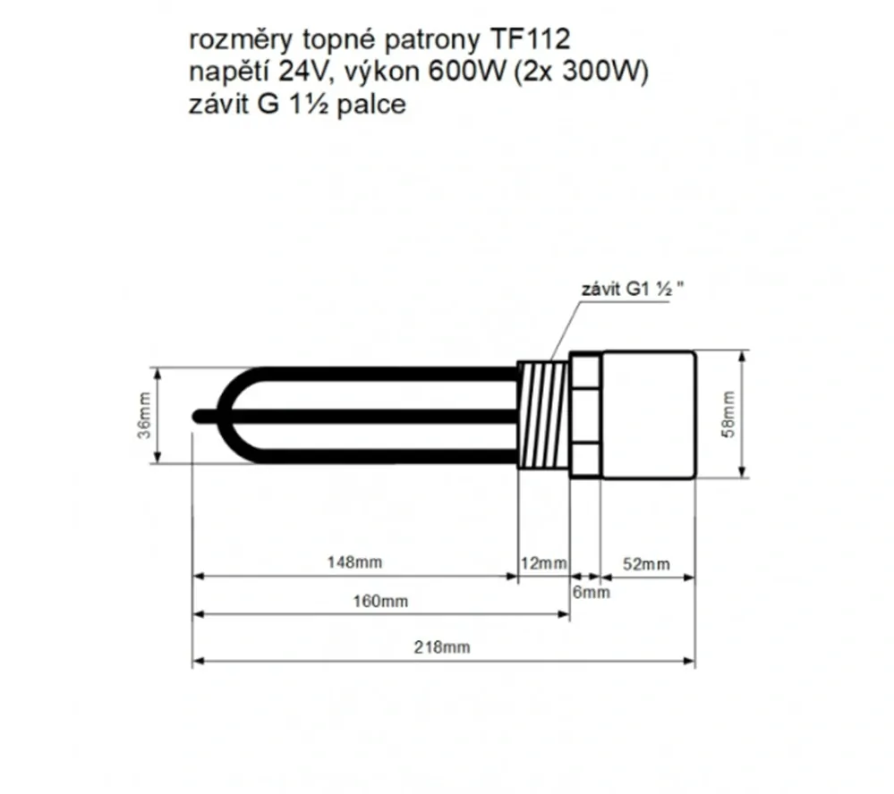 TF112 - 24V/ 600W topná patrona, G6/4 palce, délka 160mm