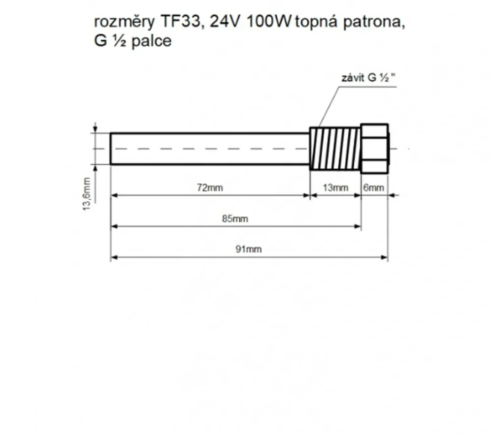 TF33 - 24V/ 100W topná patrona, G1/2 palce, délka 85mm
