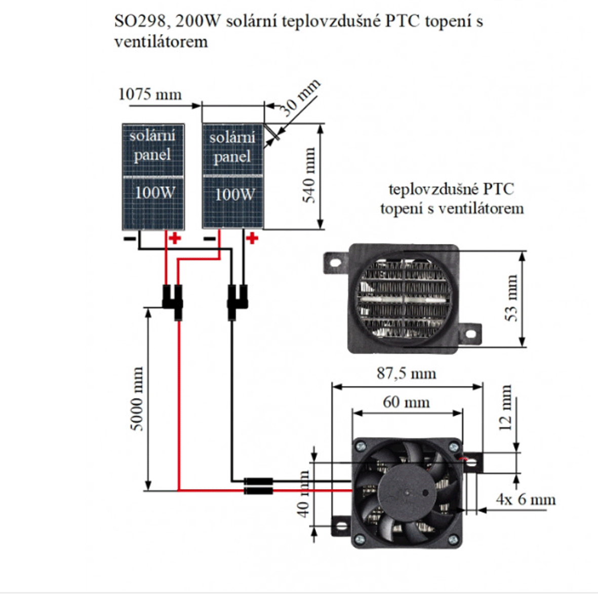 SO298 - 200W solární teplovzdušné PTC topení s ventilátorem
