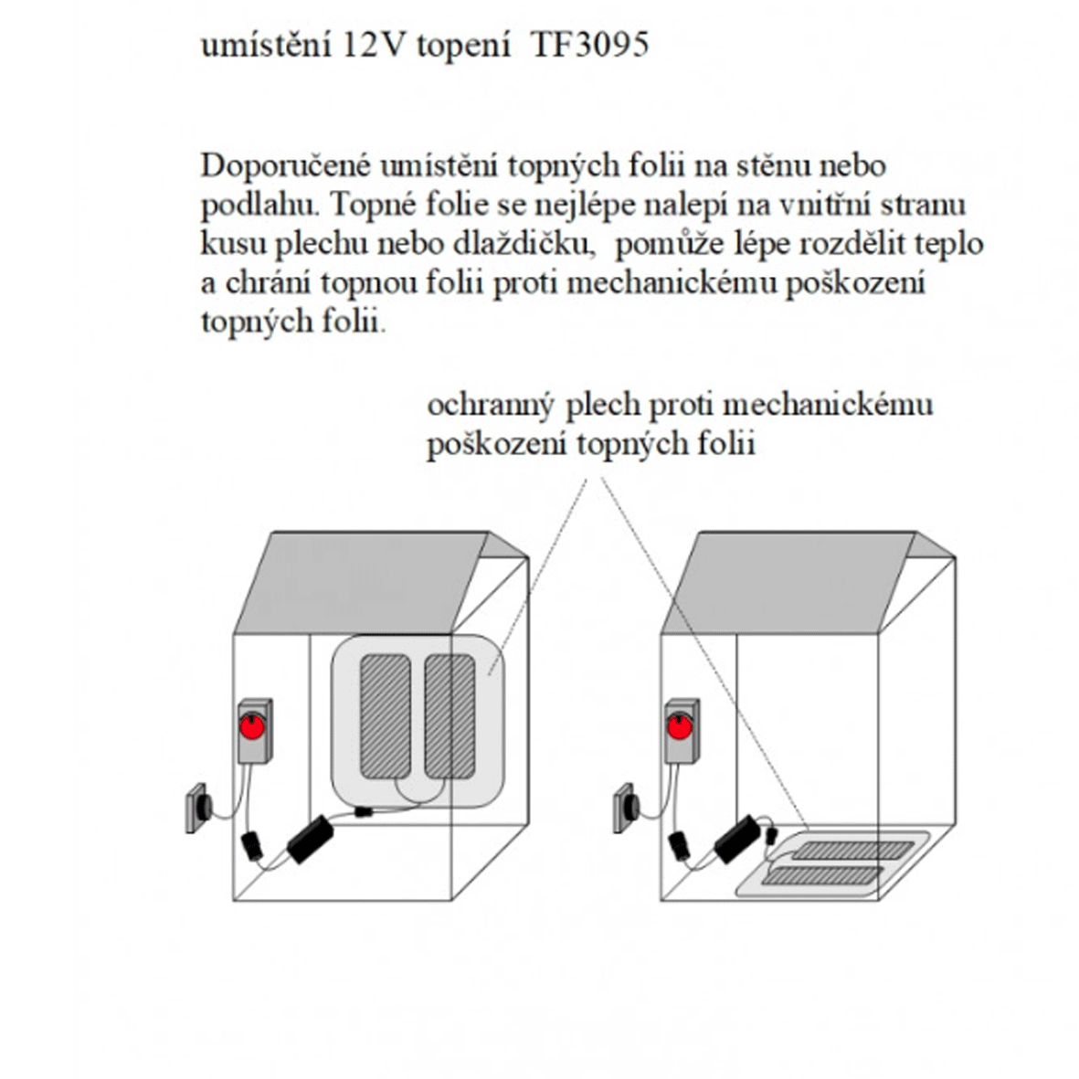 TF3095 - topení s termostatem do kurníku, psí boudy 12 V, 72 W