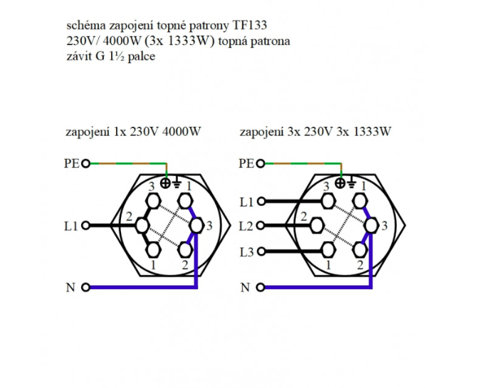 TF133 230V/4000W topná patrona,G6/4 palce,studený konec,délka 368 mm