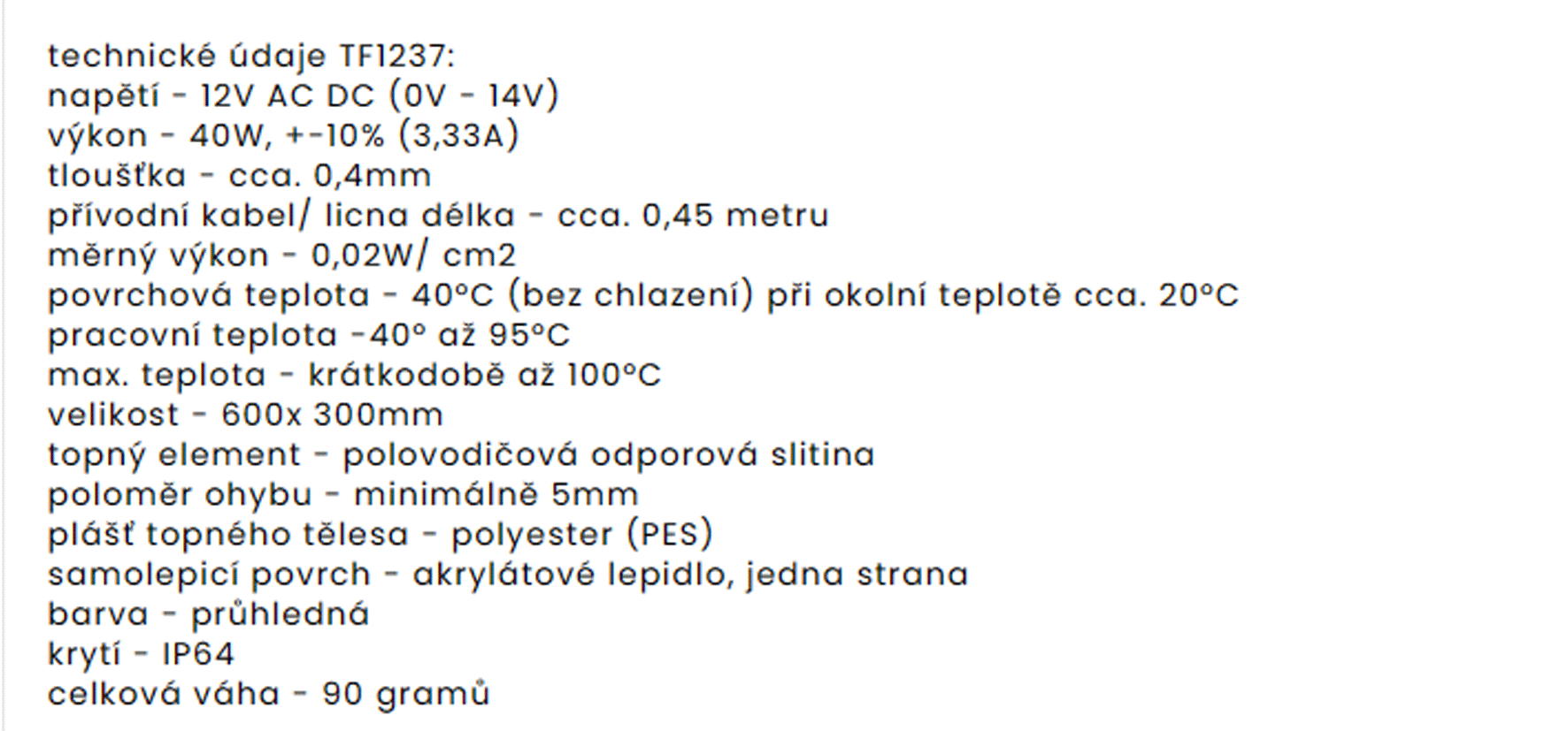 TF1237  12V/40W topní folie ohebná samolepící PES (600 x 300 mm)