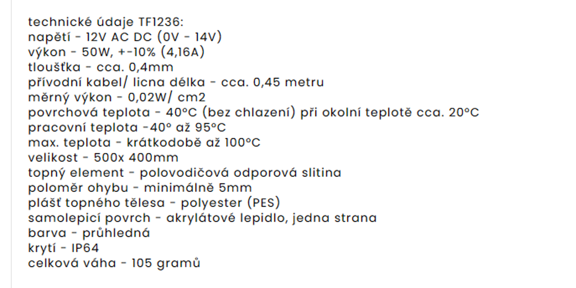 TF1236 12V/50W topná folie ohebná samolepící PES (500x400mm)
