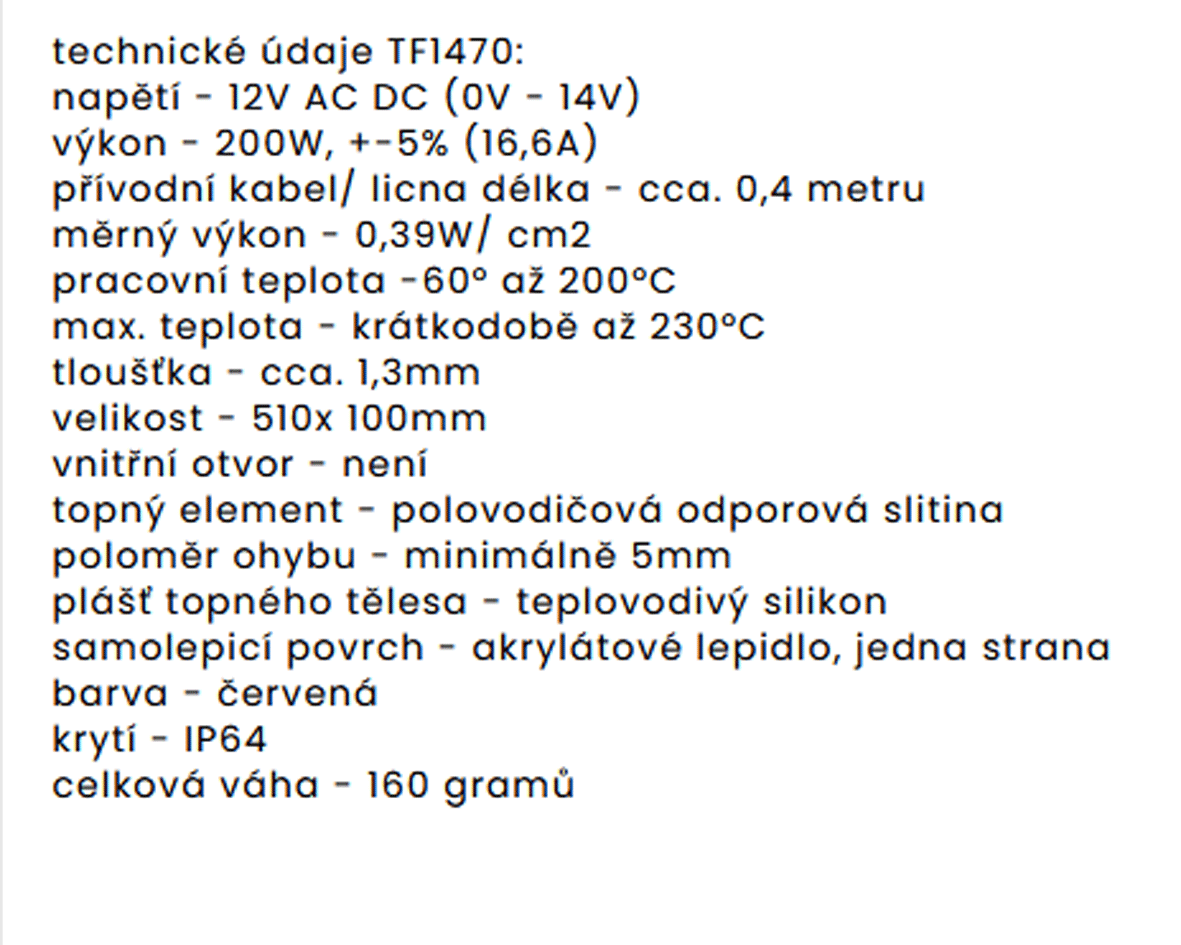 TF1470 12V/200W topná folie ohebná samolepícíí silikonová (510 x 100 mm)