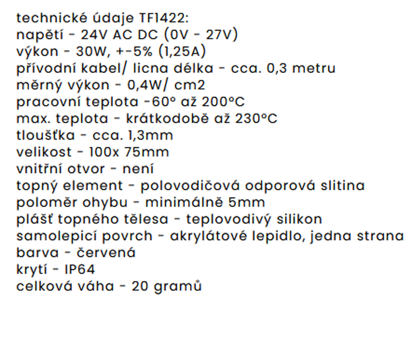 TF1422 24V/30W topná folie ohebná samolepící silikonová 100*75 mm