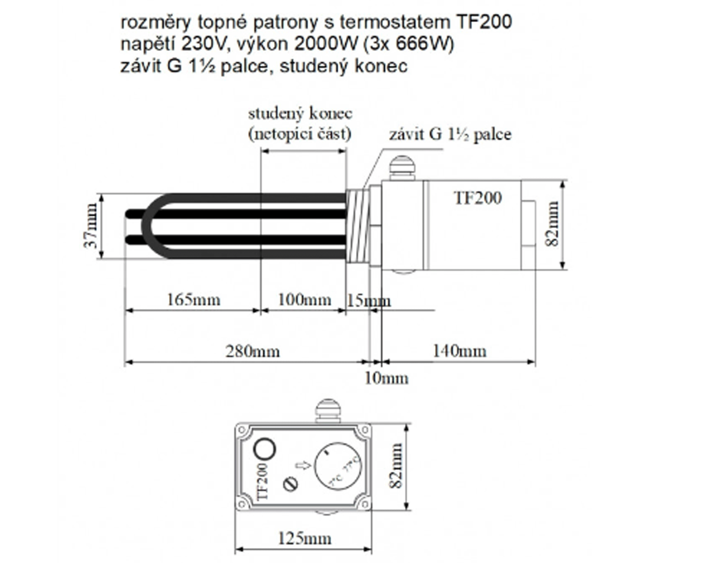 TF200 230V/2000W topná patrona s termostatem G6/4 palce,studený konec délka 280 mm