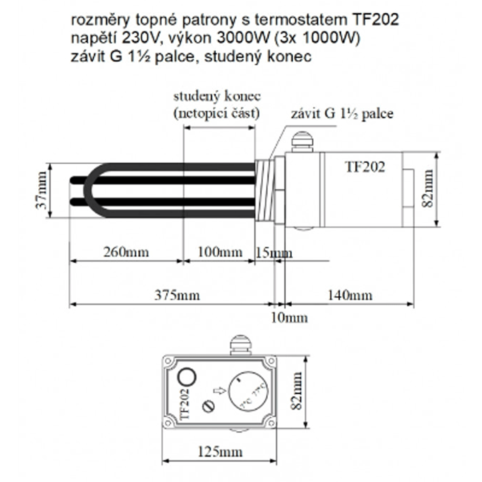 TF202 230V/3000W topná patrona s termostatem G6/4 palce studený konec délka 375 mm