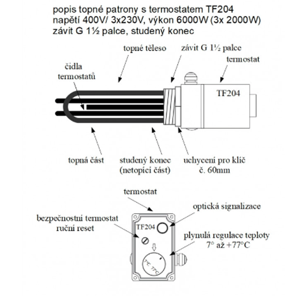 TF204 400V/6000W topná patrona s termostatem G6/4 studený knec délka 515 mm