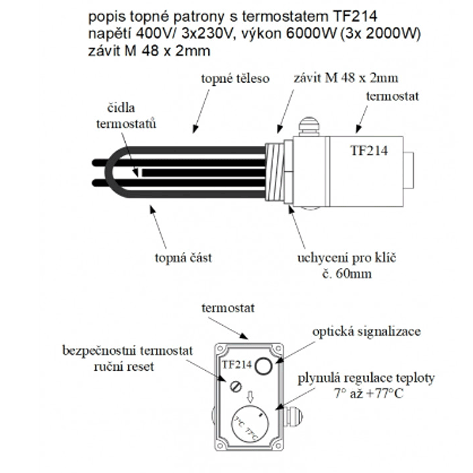 TF214  400V/6000W topná patrona s termostatem M48*2 mm délka 435 mm