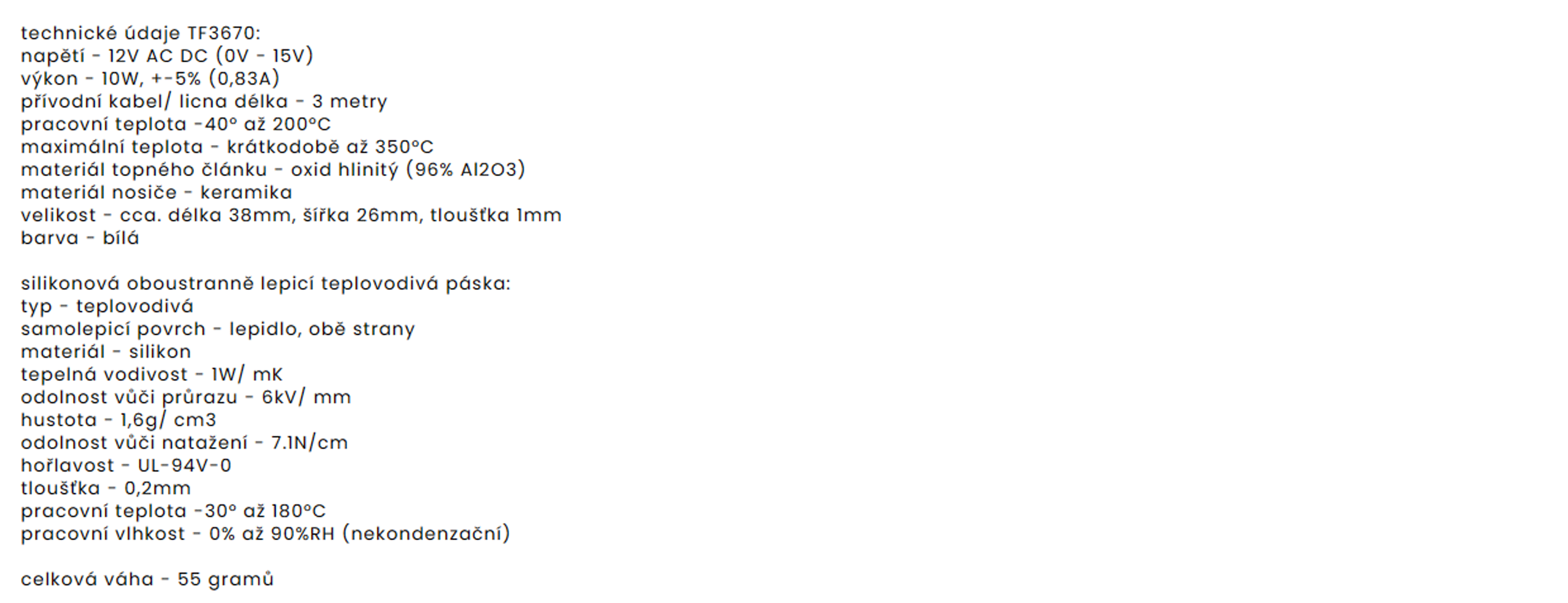 TF3670 12V/10W miniploché topné těleso (38x26mm)