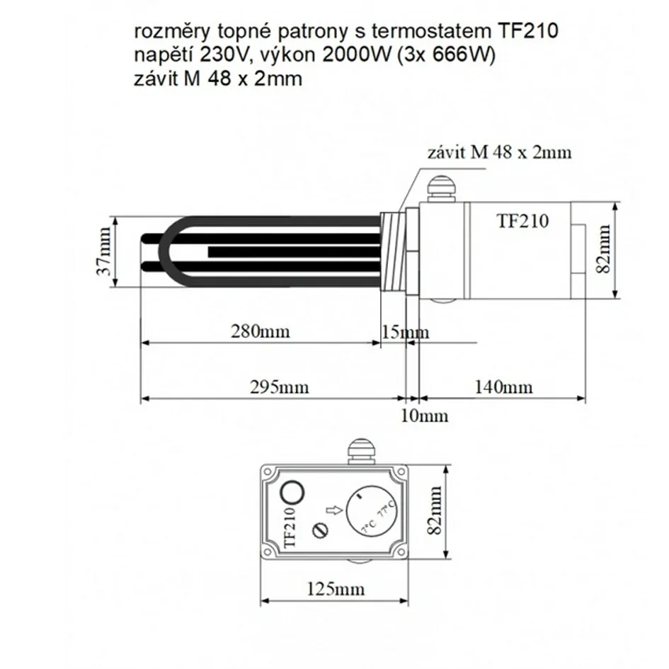 TF210 - 230V/ 2000W topná patrona s termostatem, M48 x 2mm, délka 295mm