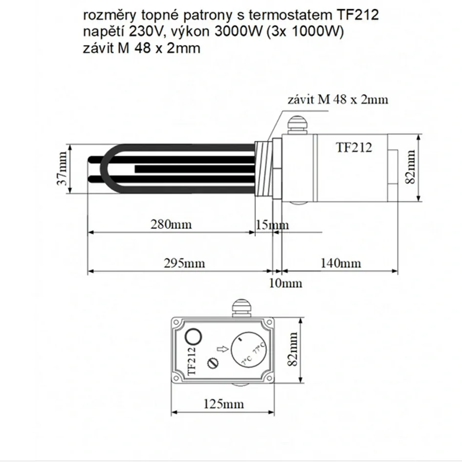 TF212 - 230V/ 3000W topná patrona s termostatem, M48 x 2mm, délka 295mm