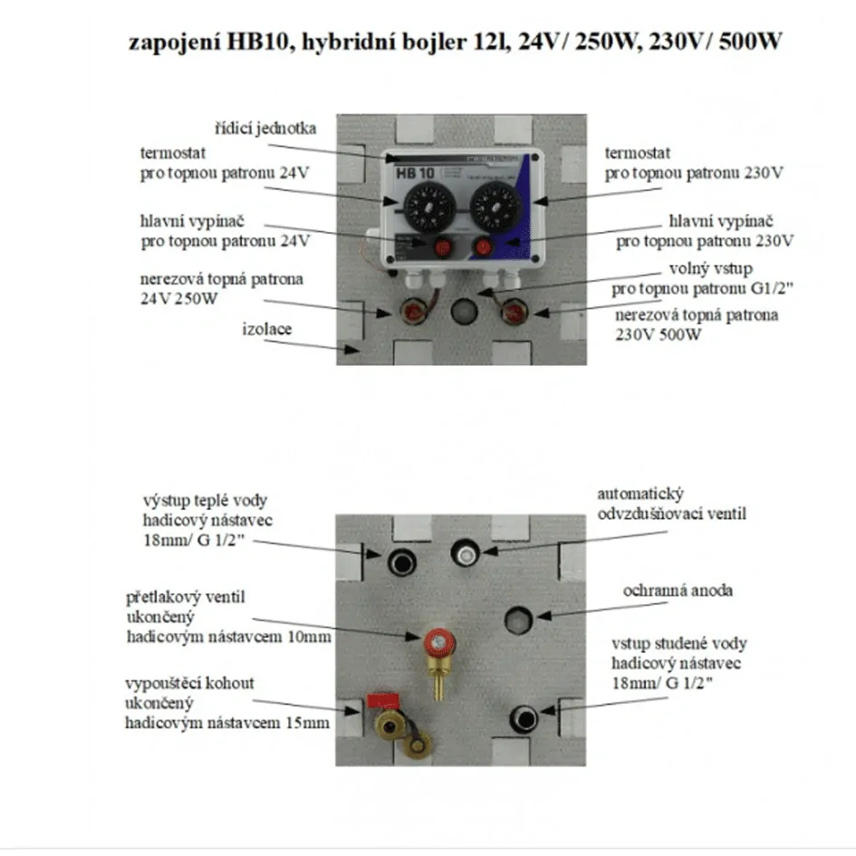 HB10 - hybridní bojler 12l, 24V/ 250W, 230V/ 500W