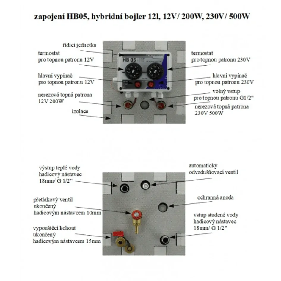 HB05 - hybridní bojler 12l, 12V/ 200W, 230V/ 500W