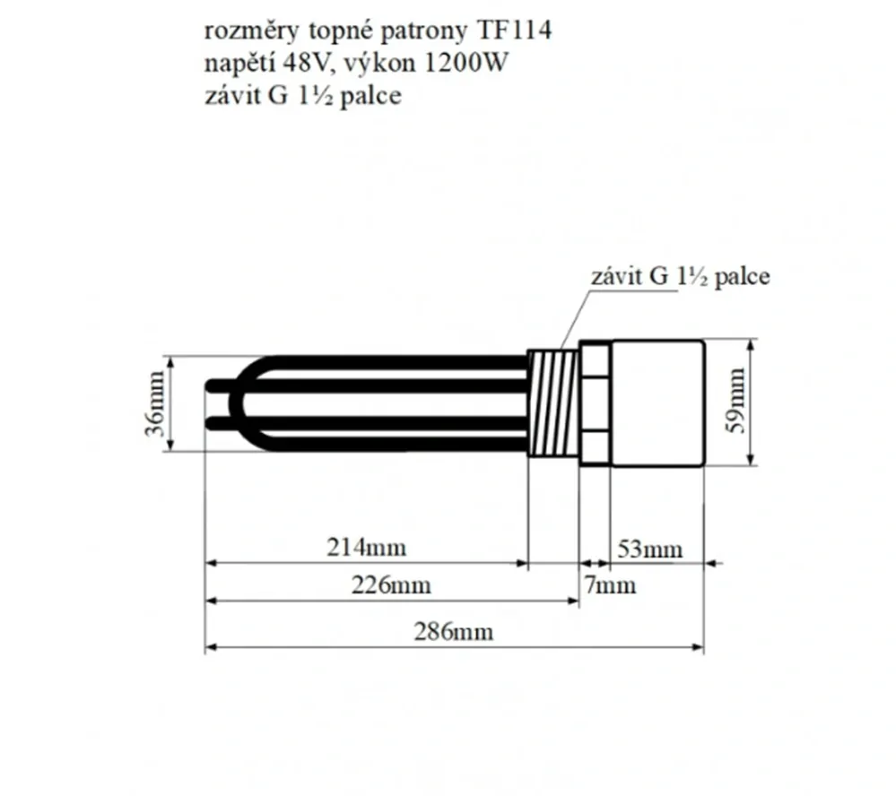 TF114, 48V/ 1200W topná patrona, G6/4" palce, délka 226mm