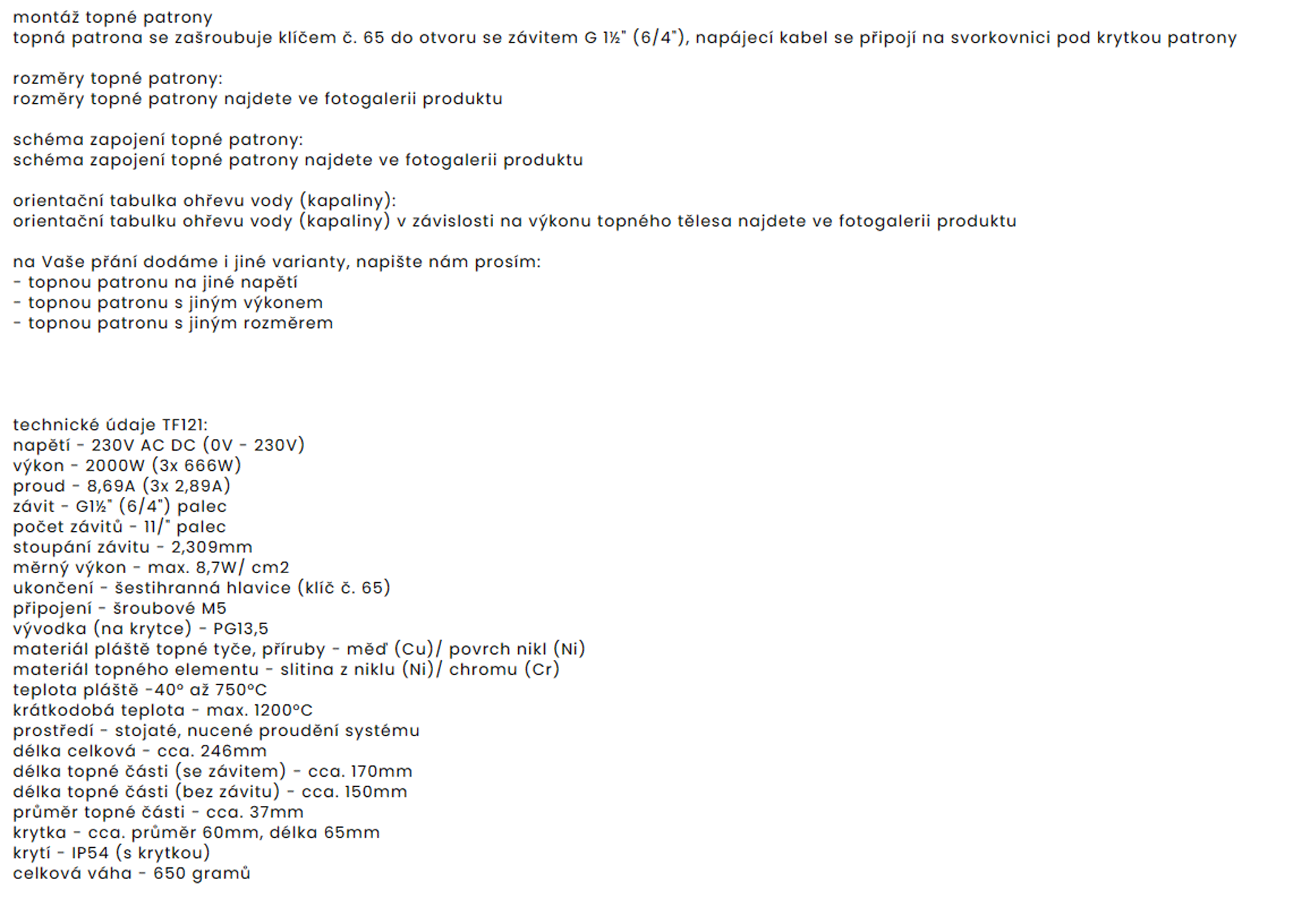 TF121 - 230V/2000W topná patrona G6/4 170mm