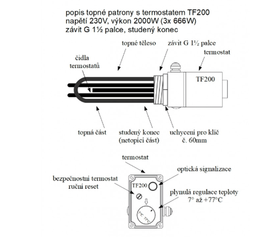 TF200 230V/2000W topná patrona s termostatem G6/4 palce,studený konec délka 280 mm