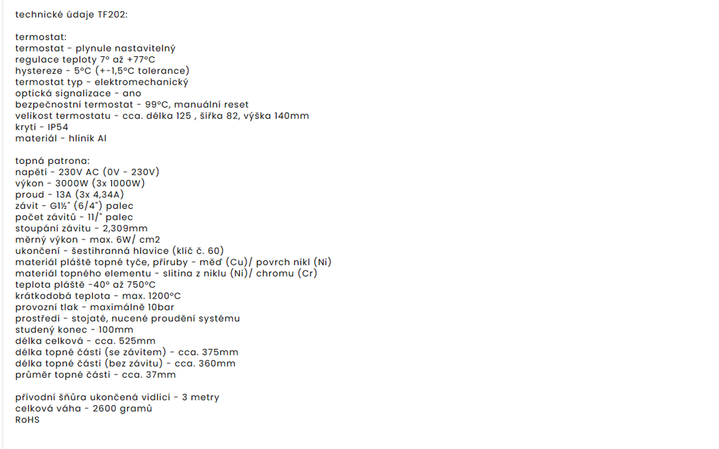 TF202 230V/3000W topná patrona s termostatem G6/4 palce studený konec délka 375 mm
