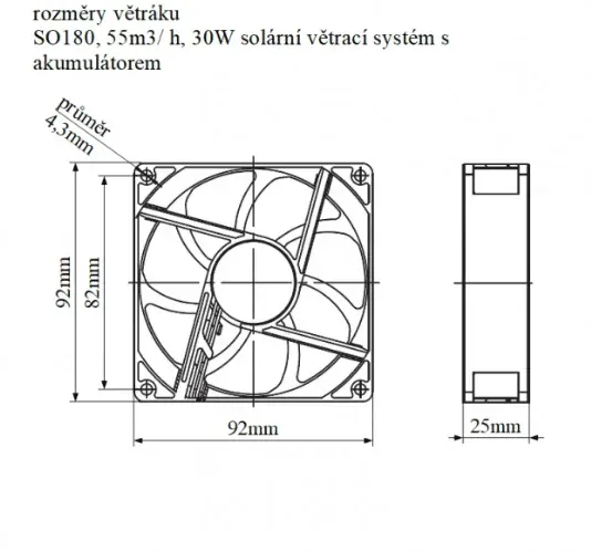 SO180 - 55m3/ h, 30W solární větrací systém s akumulátorem