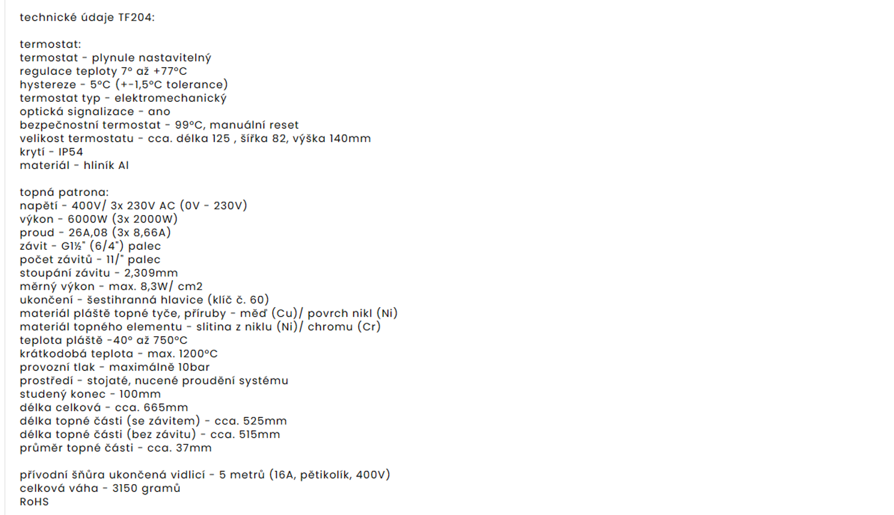 TF204 400V/6000W topná patrona s termostatem G6/4 studený knec délka 515 mm