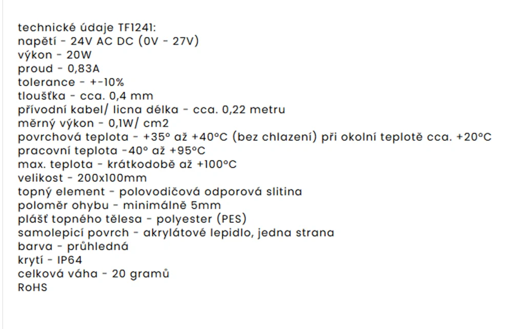 TF1241 - 24V/20W topná folie ohebná,samolepící PES(200x100 mm)