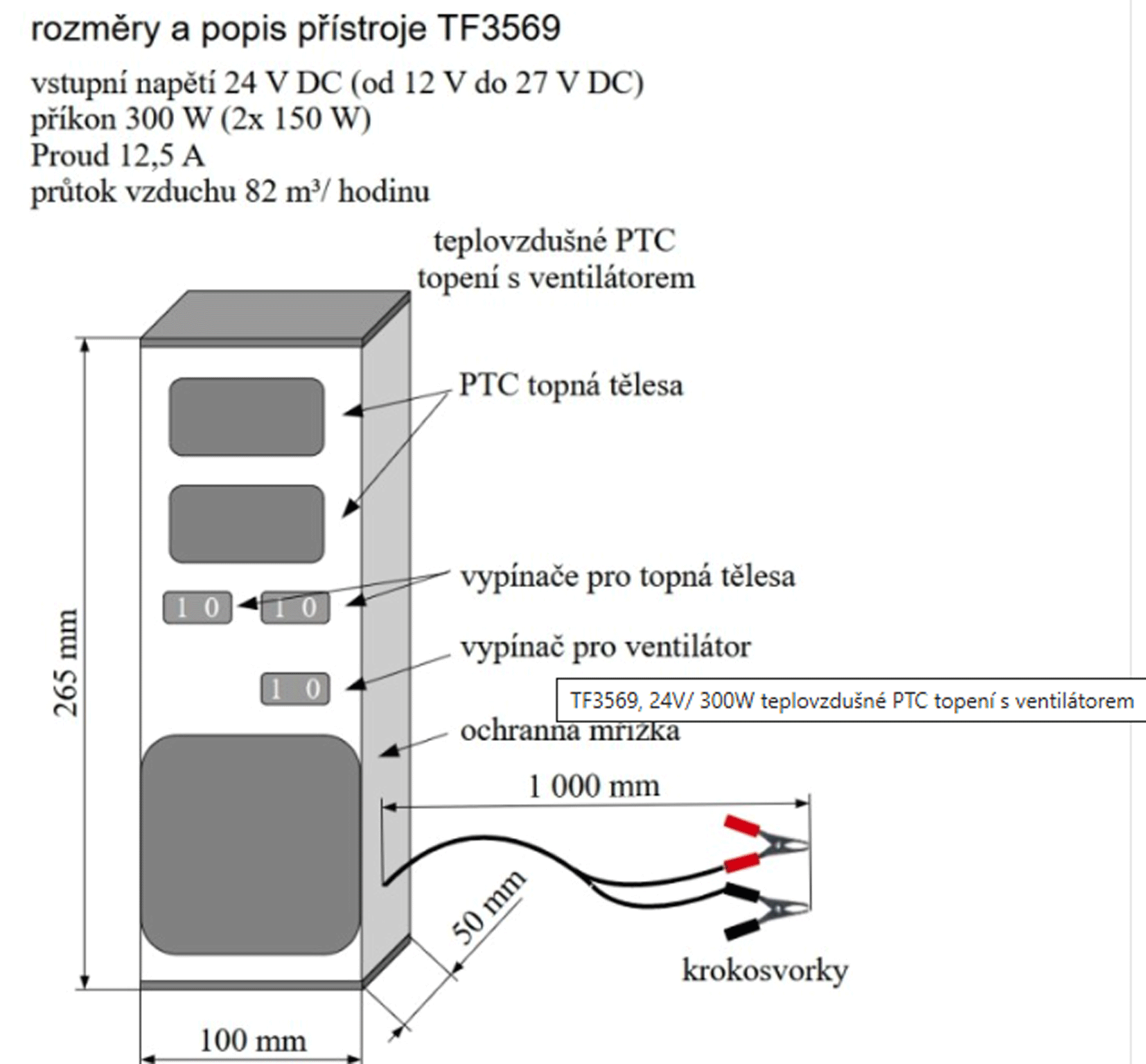 TF3569 - 24V/ 300W teplovzdušné PTC topení s ventilátorem