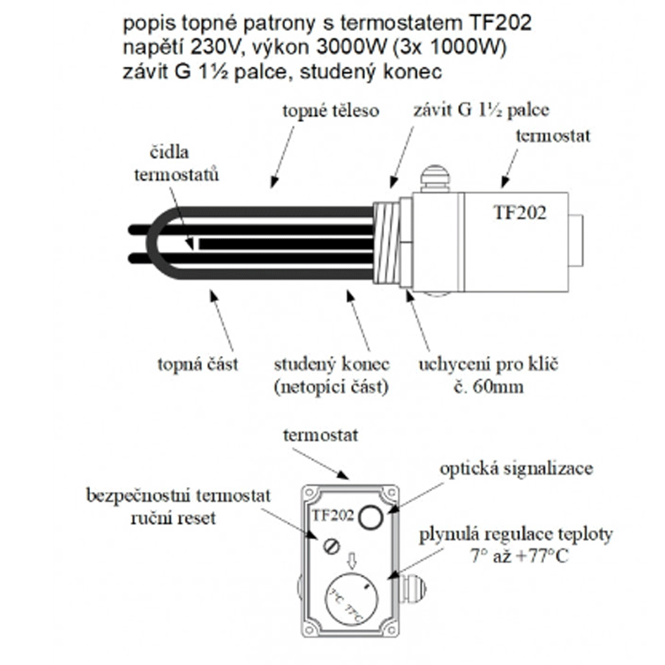 TF202 230V/3000W topná patrona s termostatem G6/4 palce studený konec délka 375 mm