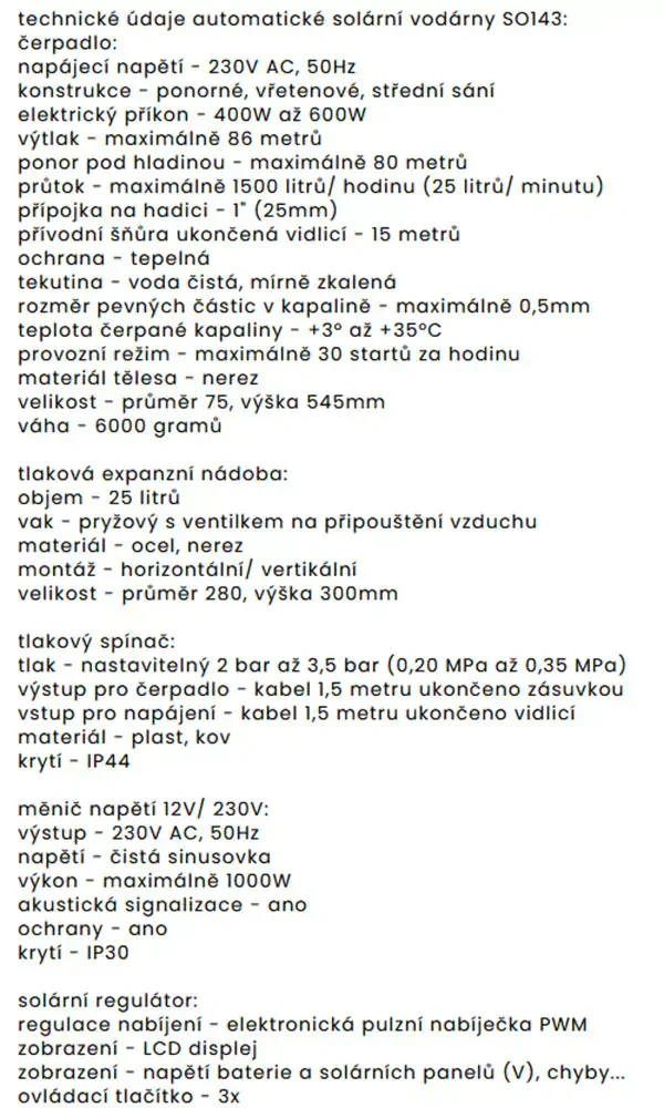 Solární automatická vodárna 25 l/min,výtlak do 86 m